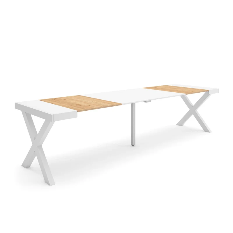 Table console extensible blanche & chêne 300 cm – Jusqu’à 14 personnes – Pieds en bois massif blancs en croix
