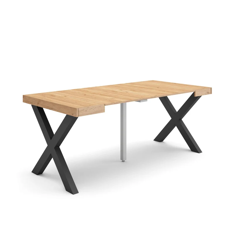 Table console extensible chêne 180 cm – Jusqu’à 8 personnes – Pieds en bois massif noirs en croix