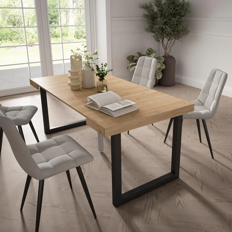 Table console extensible chêne 180 cm – Jusqu’à 8 personnes – Pieds en bois massif noirs en U