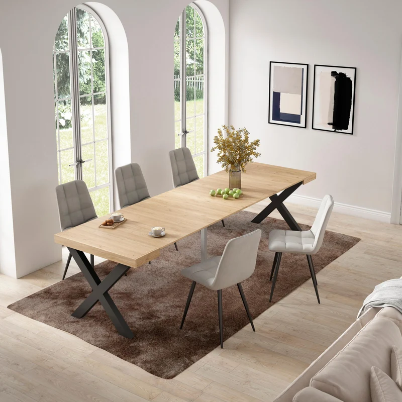 Table console extensible chêne 300 cm – Jusqu’à 14 personnes – Pieds en bois massif noirs en croix