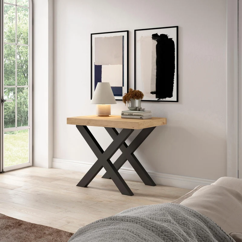 Table console extensible chêne 300 cm – Jusqu’à 14 personnes – Pieds en bois massif noirs en croix
