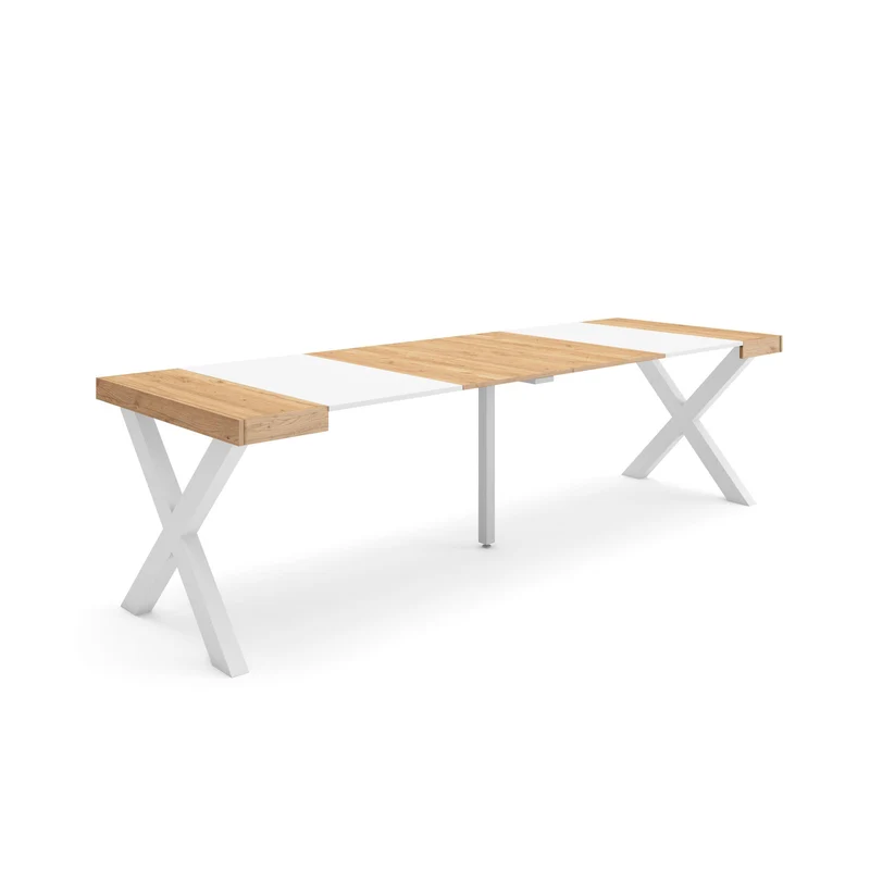 Table console extensible blanche & chêne 260 cm – Jusqu’à 12 personnes – Pieds en bois massif blancs en croix
