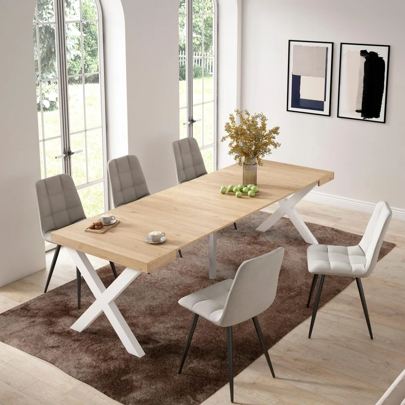 Table console extensible chêne 260 cm – Jusqu’à 12 personnes – Pieds en bois massif noirs en croix