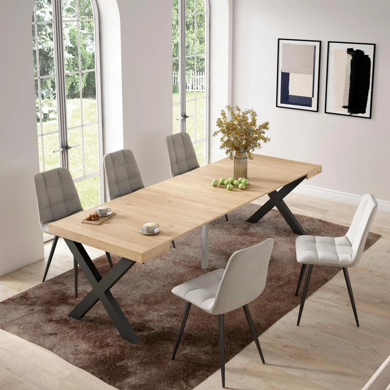 Table console extensible chêne 260 cm – Jusqu’à 12 personnes – Pieds en bois massif noirs en croix