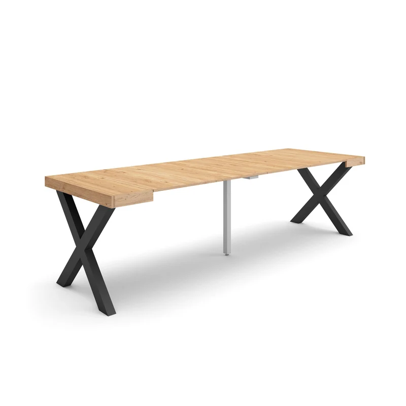 Table console extensible chêne 260 cm – Jusqu’à 12 personnes – Pieds en bois massif noirs en croix