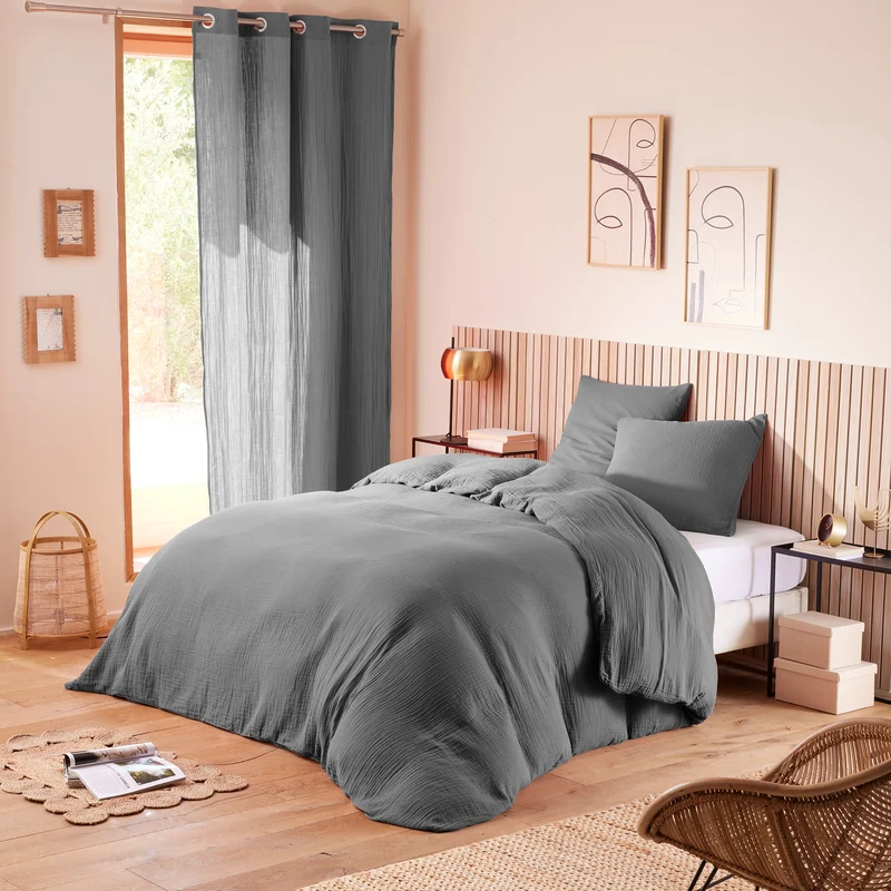 Pack 4 Pièces Housse de couette 240x220cm + 2 taies d'oreiller 65X65cm gaze de coton Ardoise