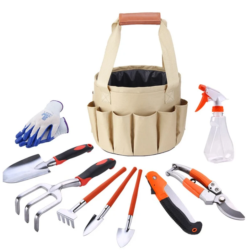 10 pièces outils de jardinage maison jardinage ensemble d'outils de plantation outils à main désherbage pelle râteau sécateur scie pliante avec sac fourre-tout