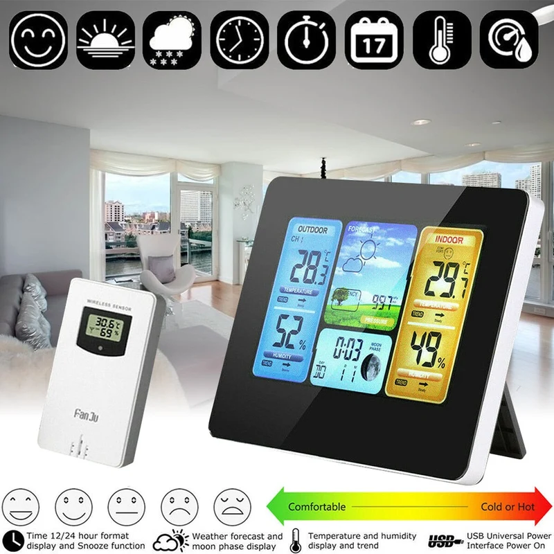 Thermomètre hygromètre LCD numérique capteur sans fil prévisions météo Station météo intérieure extérieure horloge réveil LED
