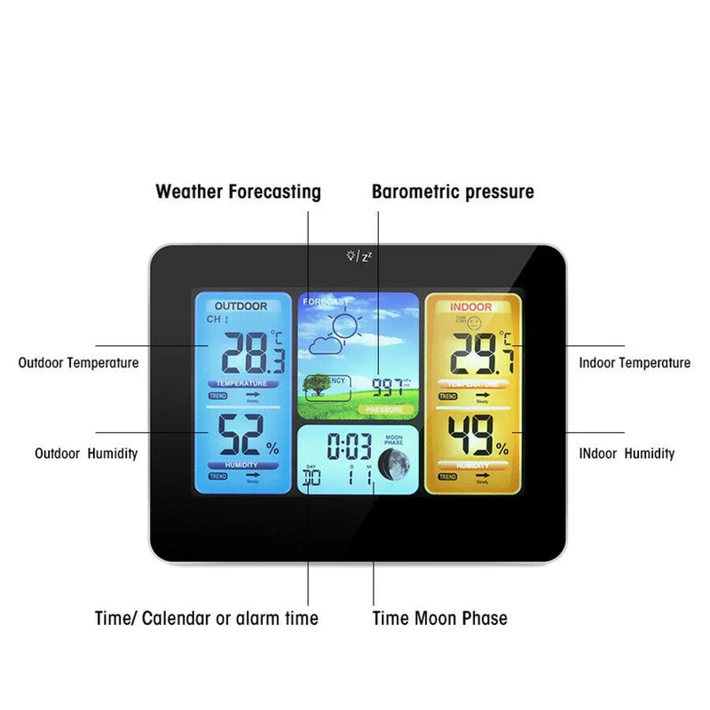 Thermomètre hygromètre LCD numérique capteur sans fil prévisions météo Station météo intérieure extérieure horloge réveil LED