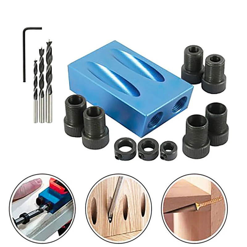 14 pièces/ensemble Kit de gabarit de trou de poche travail du bois localisateur de trou Oblique forets gabarit de trou de poche 15 degrés Angle perceuse poinçon localisateur
