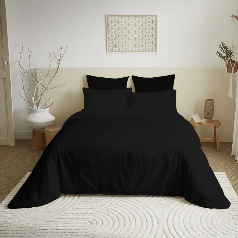 Pack 6 pièces Housse de couette Noir 220 x 240 cm - Drap housse 160 x 200 cm - 100% Coton 57 Fils