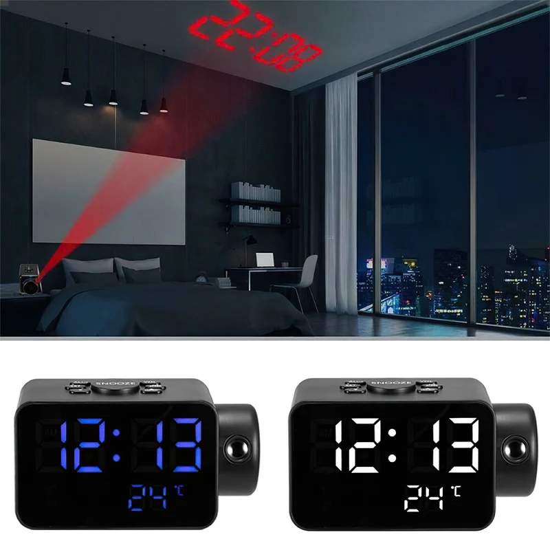 LED numérique Projection réveil FM Radio projecteur horloge murale Snooze USB minuterie réveil horloge avec température décor à la maison