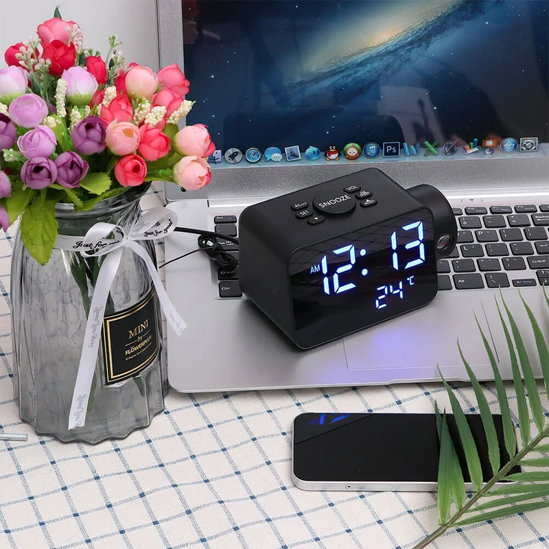 LED numérique Projection réveil FM Radio projecteur horloge murale Snooze USB minuterie réveil horloge avec température décor à la maison