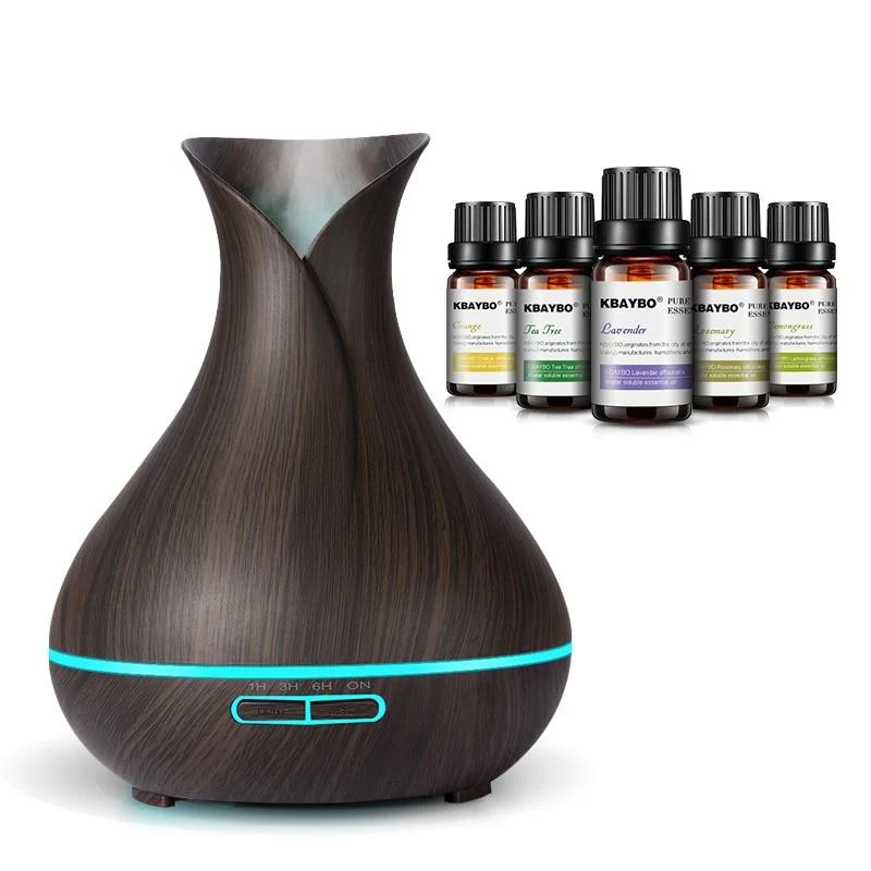 400ml Diffuseur d'huile essentielle d'arôme d'humidificateur d'air à ultrasons avec grain de bois 7 Changement de couleur des lumières LED pour la chambre à coucher Salon