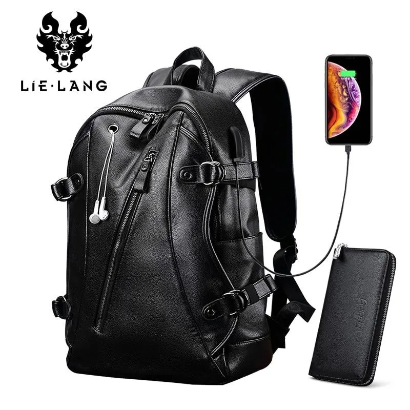 Hommes sac à dos externe USB charge sac à dos étanche mode PU cuir voyage