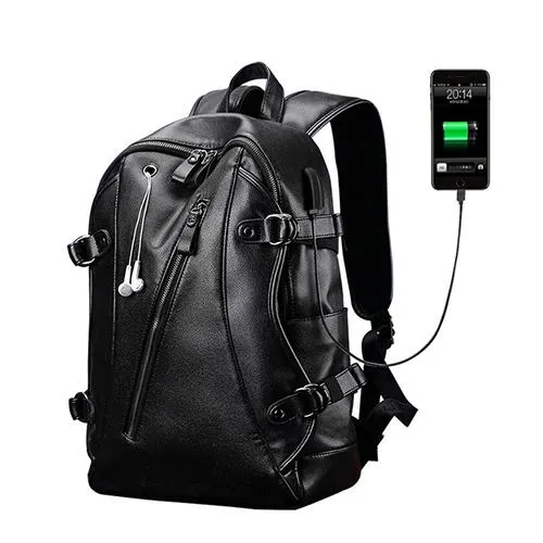 Hommes sac à dos externe USB charge sac à dos étanche mode PU cuir voyage