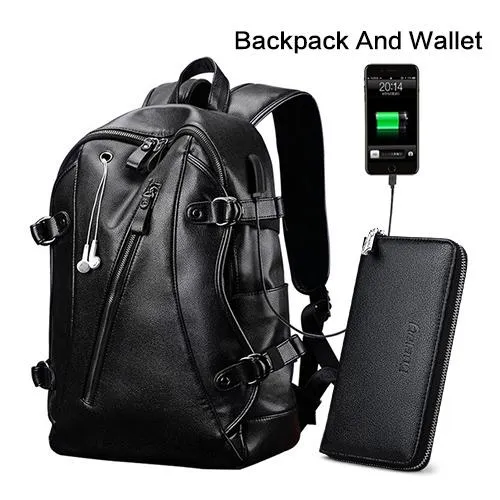 Hommes sac à dos externe USB charge sac à dos étanche mode PU cuir voyage