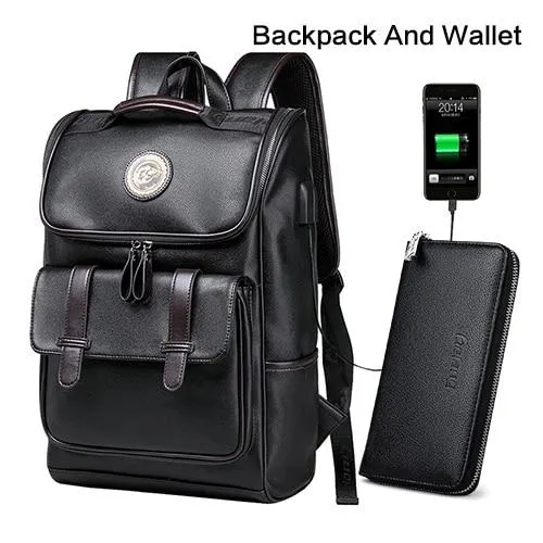 Hommes sac à dos externe USB charge sac à dos étanche mode PU cuir voyage