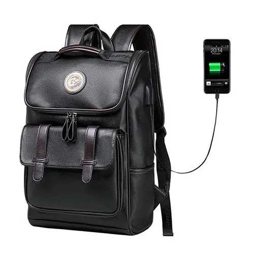 Hommes sac à dos externe USB charge sac à dos étanche mode PU cuir voyage