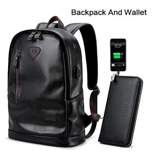 Hommes sac à dos externe USB charge sac à dos étanche mode PU cuir voyage