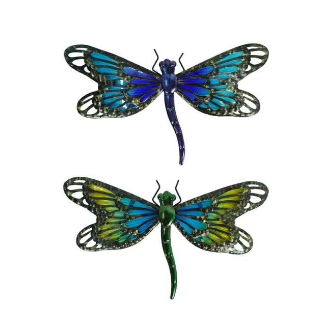 Illustrations murales faites à la main en métal bleu fée libellule pour la décoration de jardin Miniaturas Statues et sculptures d'extérieur pour animaux pour la cour, lot de 2