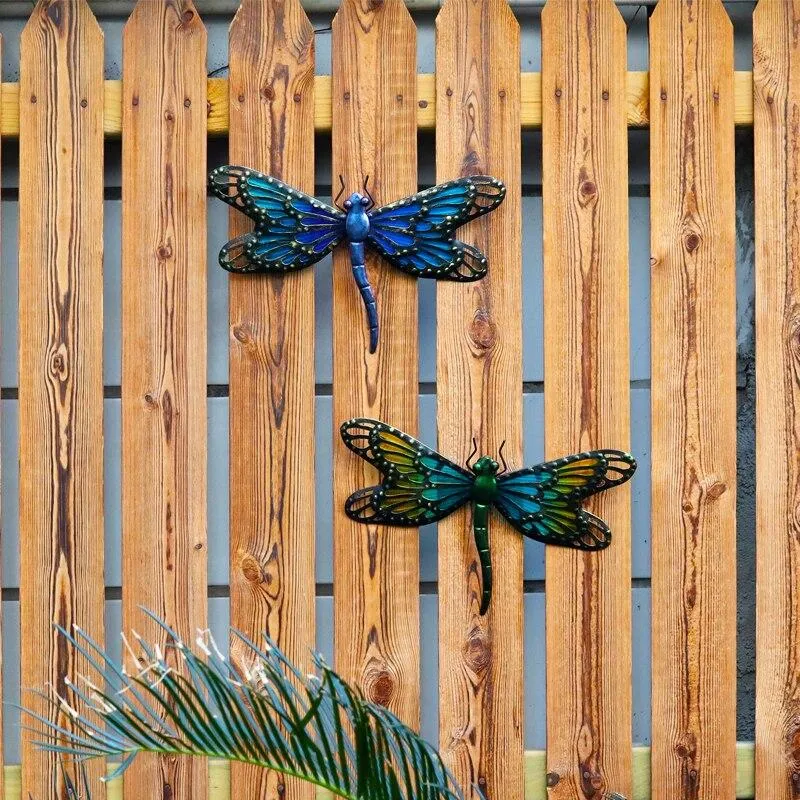 Illustrations murales faites à la main en métal bleu fée libellule pour la décoration de jardin Miniaturas Statues et sculptures d'extérieur pour animaux pour la cour, lot de 2