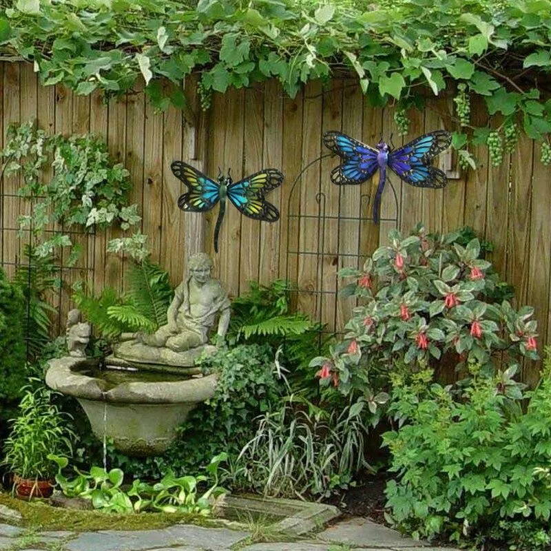 Illustrations murales faites à la main en métal bleu fée libellule pour la décoration de jardin Miniaturas Statues et sculptures d'extérieur pour animaux pour la cour, lot de 2