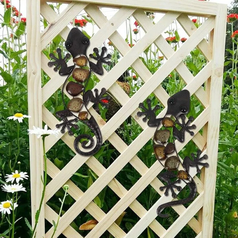Art mural Gecko en métal fait à la main pour la décoration de la maison et du jardin Statues d'extérieur Sculptures Patio de la chambre Ensemble de 2