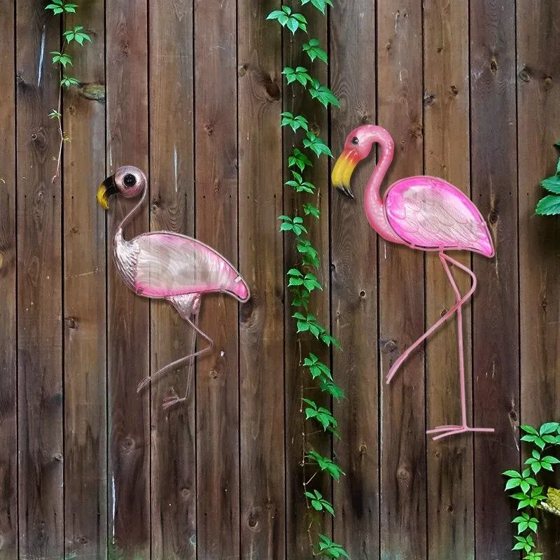 Cadeau animal fait à la main d'art mural flamant en métal Statues et sculptures d'extérieur pour la décoration de jardin Miniatures d'extérieur Ensemble de 2