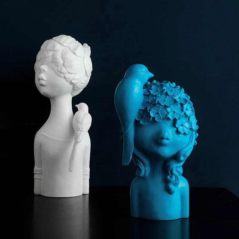Sculpture abstraite fille de fleur avec oiseau décoration de la maison ornements résine Figurine artisanat bureau bureau décor TV armoire décoration