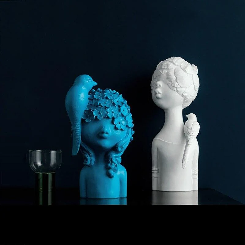 Sculpture abstraite fille de fleur avec oiseau décoration de la maison ornements résine Figurine artisanat bureau bureau décor TV armoire décoration