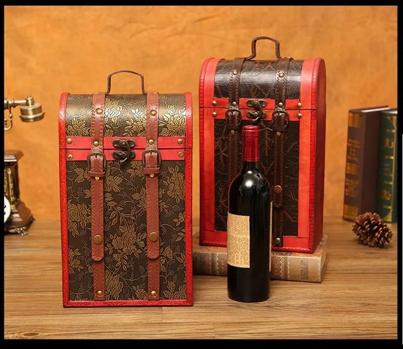 Classique en bois Double boîte à vin Portable archaïque boîte à vin rétro cadeau vin boîte de rangement bouteille poignée Bar accessoires