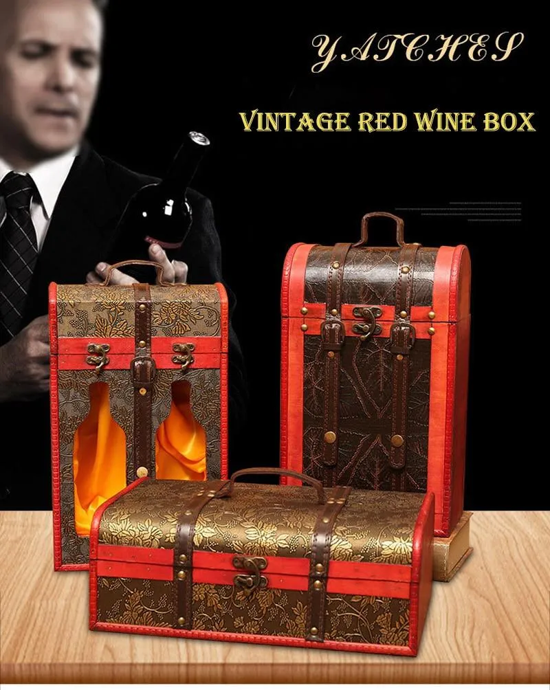 Classique en bois Double boîte à vin Portable archaïque boîte à vin rétro cadeau vin boîte de rangement bouteille poignée Bar accessoires