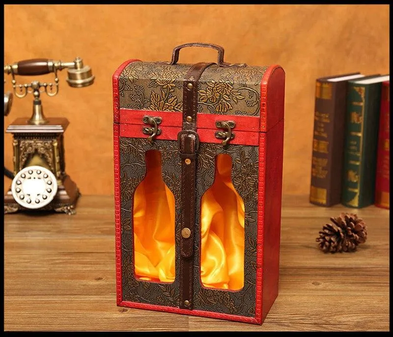 Classique en bois Double boîte à vin Portable archaïque boîte à vin rétro cadeau vin boîte de rangement bouteille poignée Bar accessoires