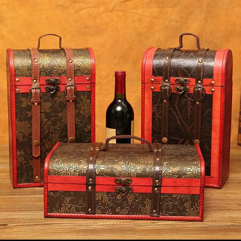 Classique en bois Double boîte à vin Portable archaïque boîte à vin rétro cadeau vin boîte de rangement bouteille poignée Bar accessoires
