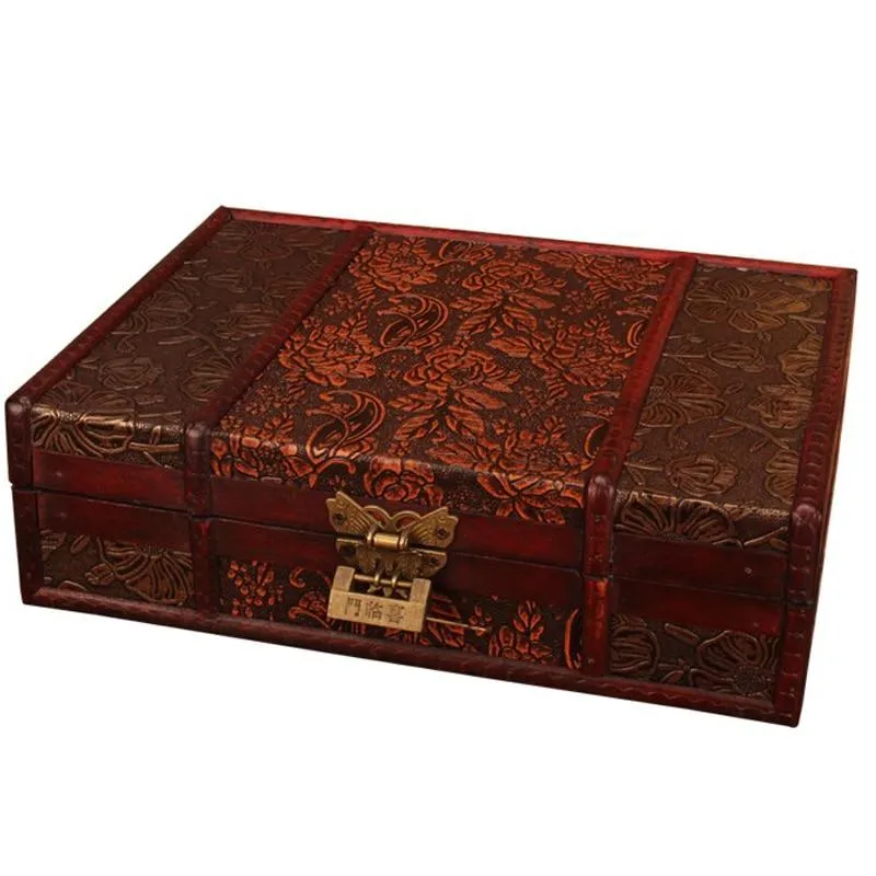 Boîte de rangement de bijoux en bois rétro boîte de rangement en bois antique boîte d'identification avec ornements de serrure boîtes à cosmétiques décor de ménage cadeau d'artisanat