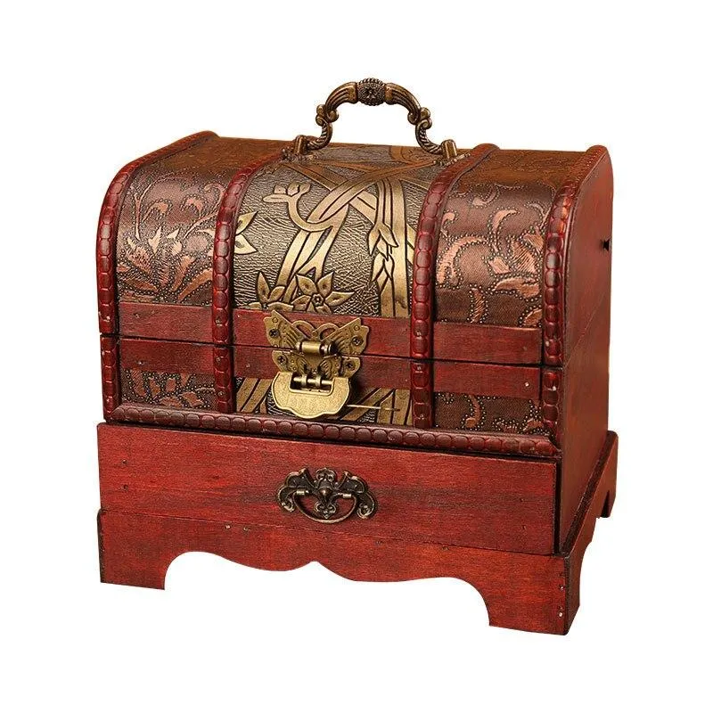 Classique Antique En Bois Boîte Au Trésor Ornement Artisanat Boîte À Bijoux Avec Serrure Tiroir Ménage Rétro Bijoux Boîtes De Rangement Décor À La Maison