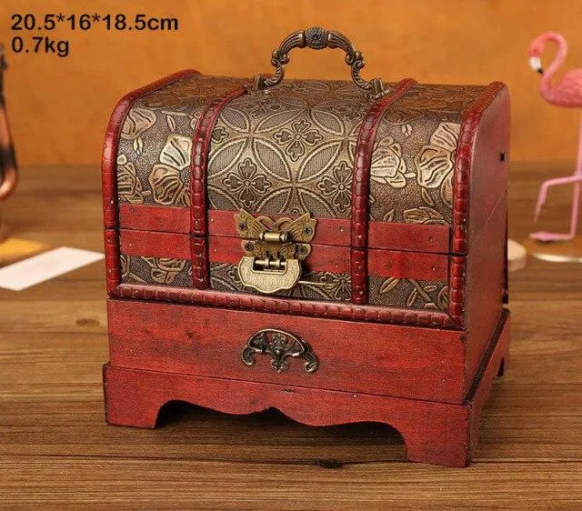 Classique Antique En Bois Boîte Au Trésor Ornement Artisanat Boîte À Bijoux Avec Serrure Tiroir Ménage Rétro Bijoux Boîtes De Rangement Décor À La Maison