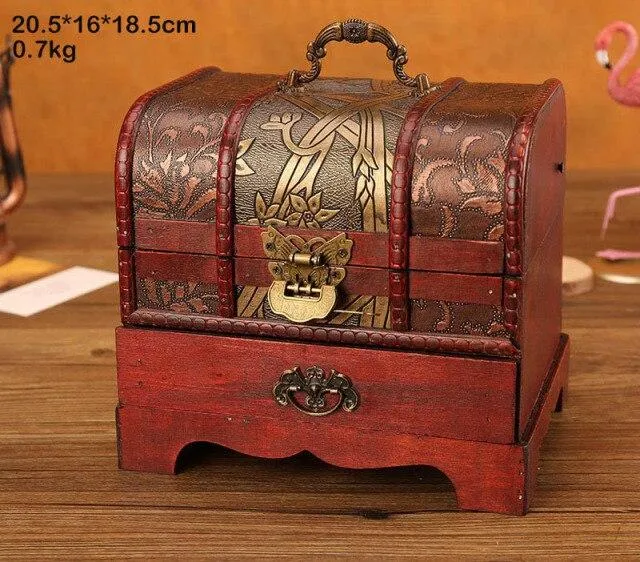 Classique Antique En Bois Boîte Au Trésor Ornement Artisanat Boîte À Bijoux Avec Serrure Tiroir Ménage Rétro Bijoux Boîtes De Rangement Décor À La Maison