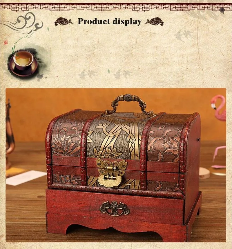 Classique Antique En Bois Boîte Au Trésor Ornement Artisanat Boîte À Bijoux Avec Serrure Tiroir Ménage Rétro Bijoux Boîtes De Rangement Décor À La Maison