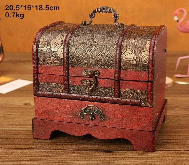 Classique Antique En Bois Boîte Au Trésor Ornement Artisanat Boîte À Bijoux Avec Serrure Tiroir Ménage Rétro Bijoux Boîtes De Rangement Décor À La Maison