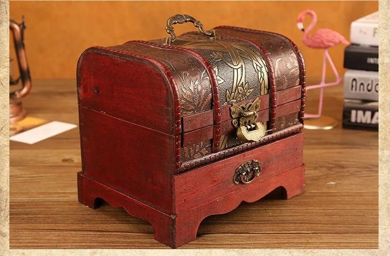 Classique Antique En Bois Boîte Au Trésor Ornement Artisanat Boîte À Bijoux Avec Serrure Tiroir Ménage Rétro Bijoux Boîtes De Rangement Décor À La Maison