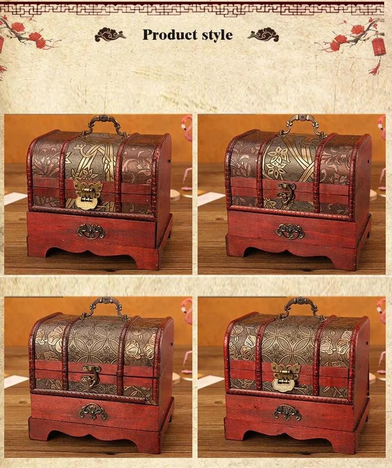 Classique Antique En Bois Boîte Au Trésor Ornement Artisanat Boîte À Bijoux Avec Serrure Tiroir Ménage Rétro Bijoux Boîtes De Rangement Décor À La Maison