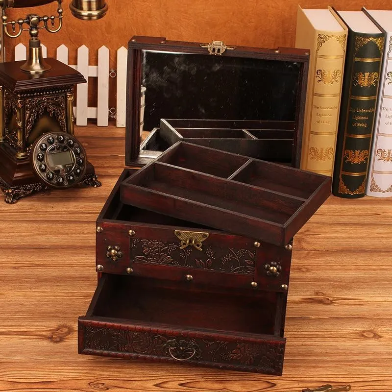 Antique Europe ancienne boîte de rangement en bois avec serrure grande boîte à bijoux ornement boîtes de rangement de bijoux simples avec miroir cadeaux de mariage