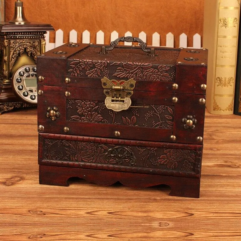 Antique Europe ancienne boîte de rangement en bois avec serrure grande boîte à bijoux ornement boîtes de rangement de bijoux simples avec miroir cadeaux de mariage