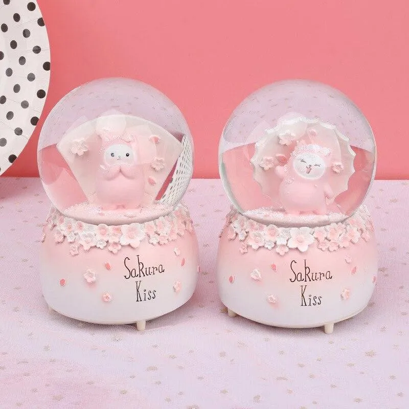Fait à la main romantique Sakura amour boule de cristal boîte à musique Figurine modèle Miniature pour la décoration de la maison fille cadeaux d'anniversaire enfants jouets décor