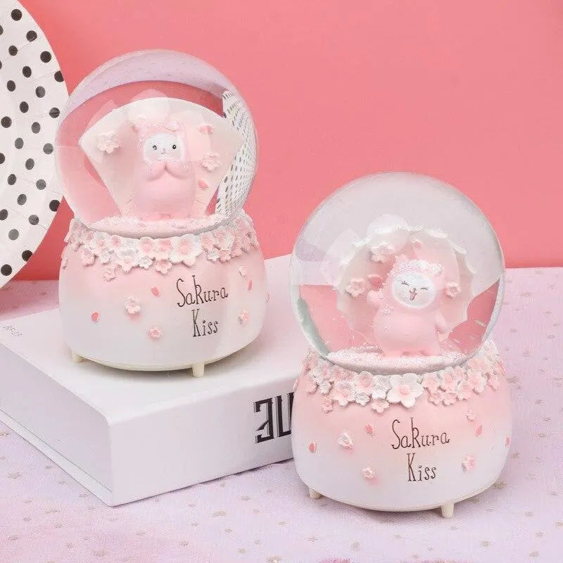 Fait à la main romantique Sakura amour boule de cristal boîte à musique Figurine modèle Miniature pour la décoration de la maison fille cadeaux d'anniversaire enfants jouets décor
