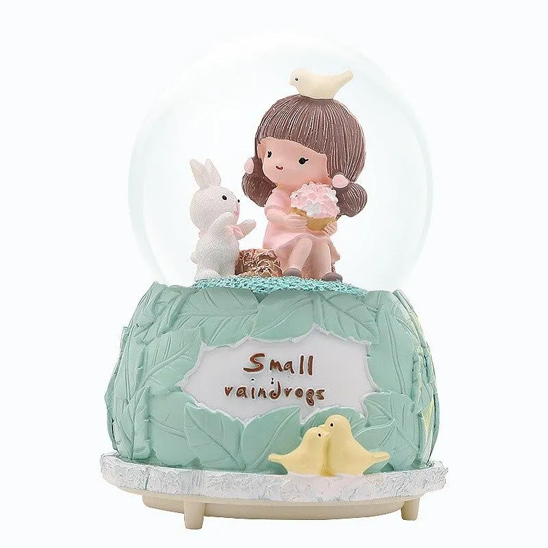 Figurines de Sculpture de fille douce faites à la main pour la décoration de la maison accessoires boîte à musique cadeau de jour d'anniversaire flocon de neige coloré lumière boule de cristal