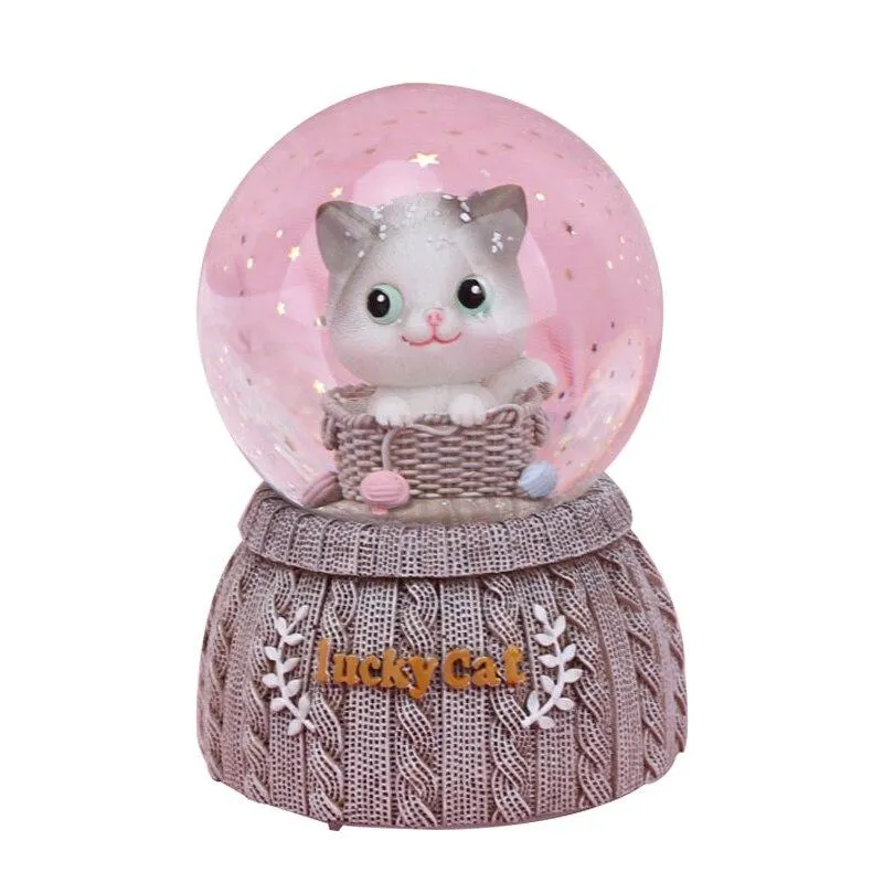 Fait à la main chat chanceux tricoté boule de cristal Base résine Figurine décoration de la maison accessoires dessin animé chat ornement boîte à musique décor de mariage cadeau
