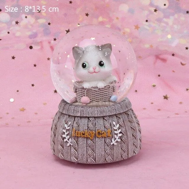 Fait à la main chat chanceux tricoté boule de cristal Base résine Figurine décoration de la maison accessoires dessin animé chat ornement boîte à musique décor de mariage cadeau